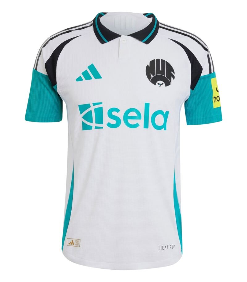 newcastle united 2024-25 third kit in white, black and turquoise